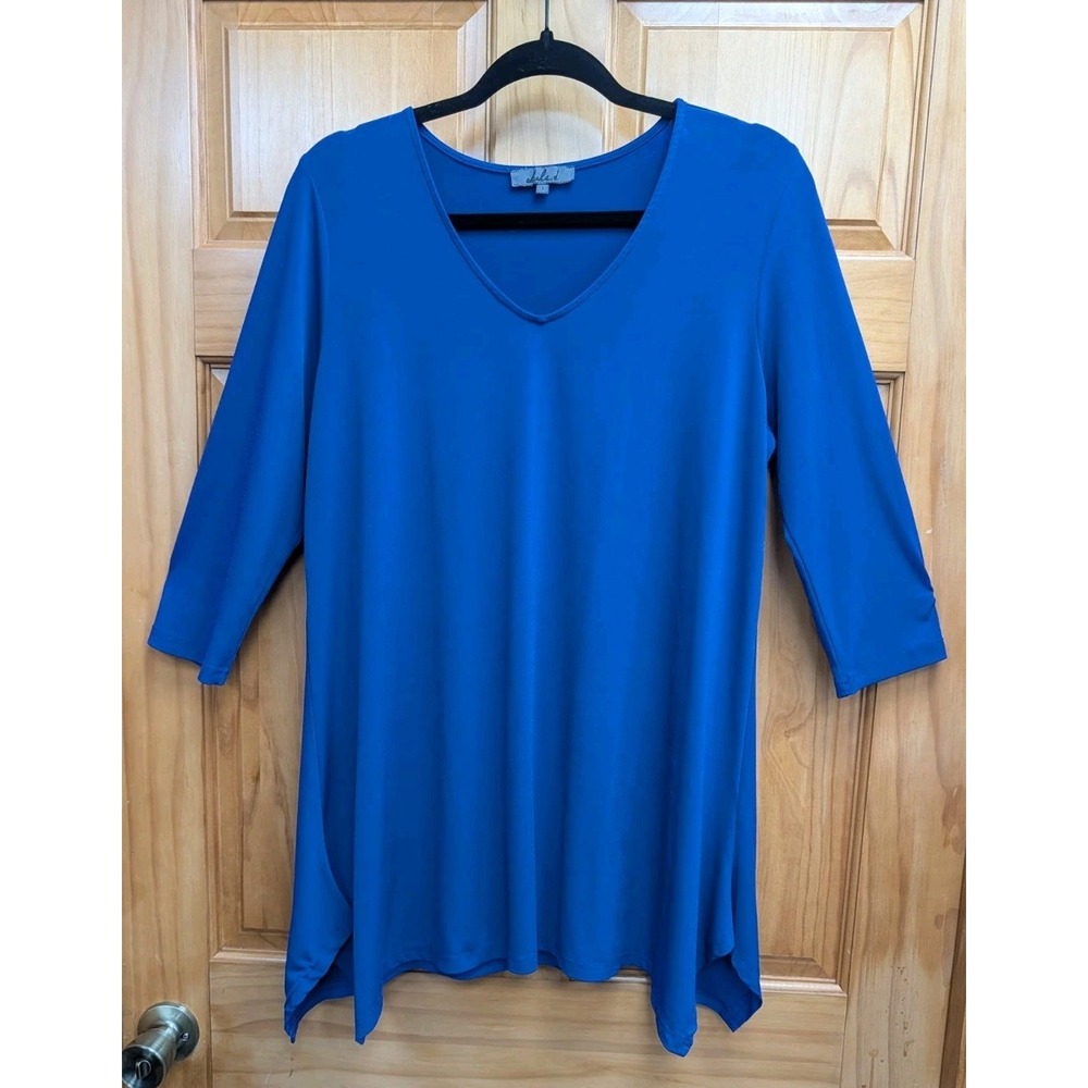 Alisha .d Women Large Royal Blue Liquid Knit 3/4 Sleeves V Neck Workwear Stretch